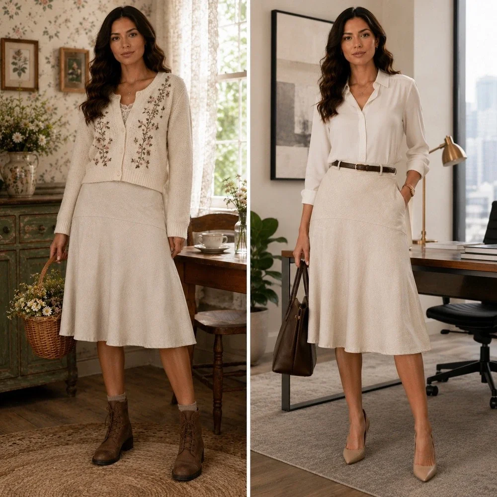 Van Heusen Flare Skirt 10 Tan Stretch Midi Career‎ Office A-Line Boho Minimalist